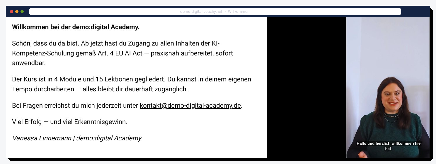 Kursraum der demo:digital Academy – Willkommensseite mit Einführungsvideo